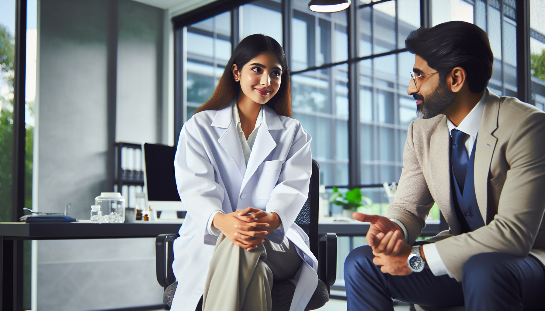 Gestora de clínica médica discutindo planejamento tributário e redução de impostos com consultor contábil.