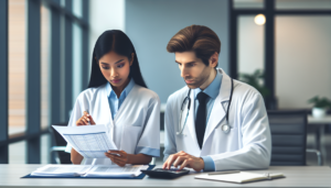 Profissional de saúde em clínica analisando documentos contábeis com contador especializado