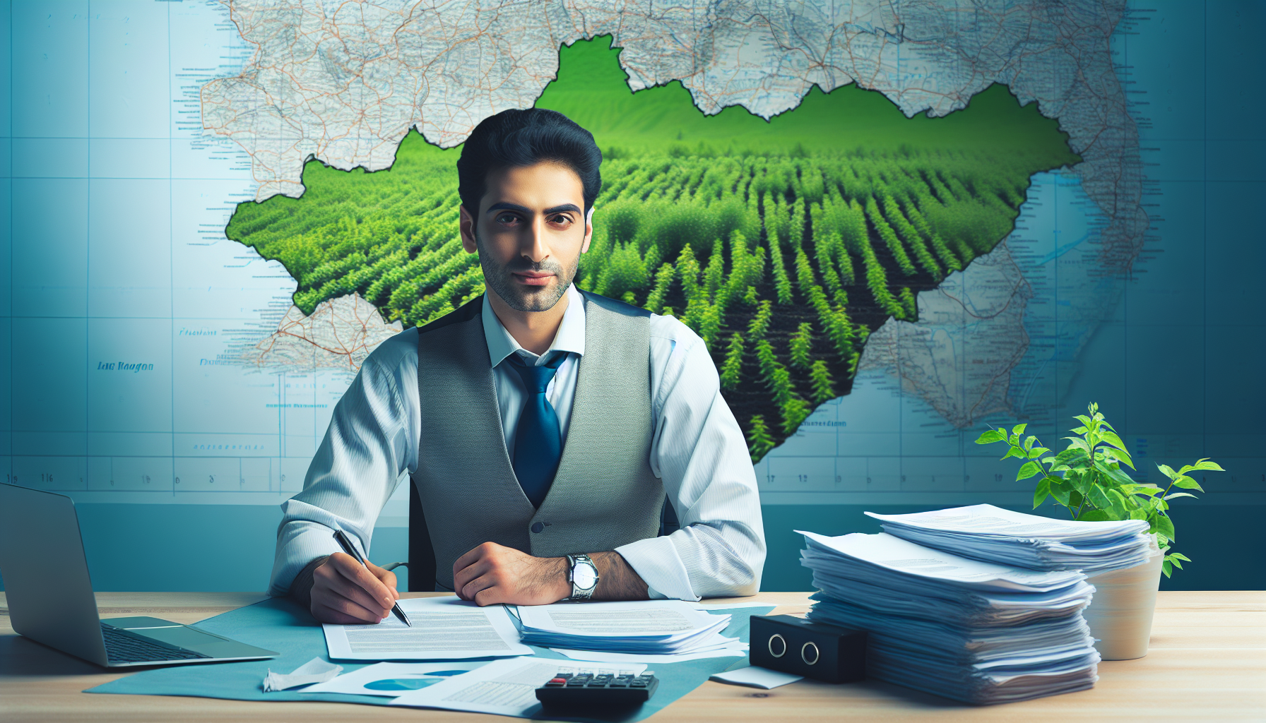 Contador especialista em agroindústria analisando documentos fiscais em escritório no Paraná